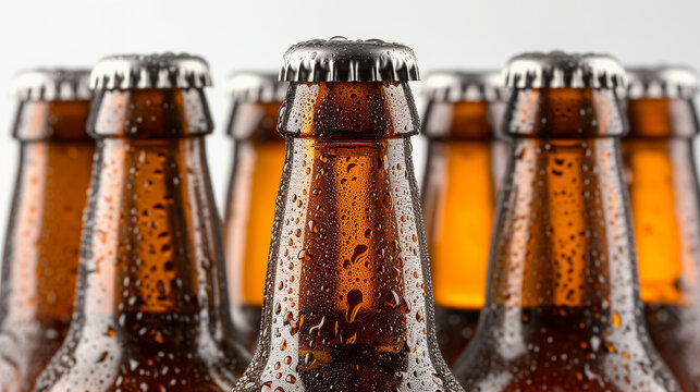 Close-up view of fresh bottles of beer