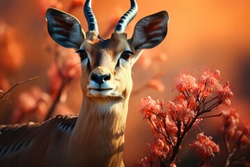 A majestic antelope gazes upon the vast wilderness, its powerful antlers reflecting its innate strength and grace as it stands tall next to a vibrant plant - obrazy, fototapety, plakaty