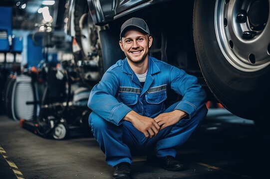 A mechanic is sitting smiling, to do truck repair work in a car repair shop. Blue mechanic's shirt.