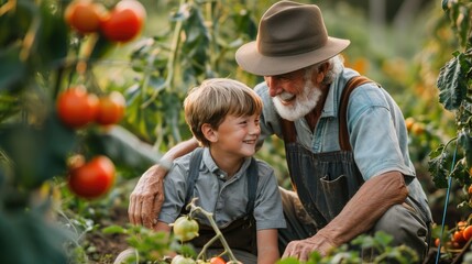 ็Hispanic senior age 70s man with beard sitting with his grandson laughing enjoy teaching gardening in summertime, happy elderly gardener male and kid in tomatoes vegetable scenery garden outdoors