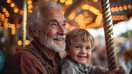 Fototapeta premium ็Hispanic senior age 70s man with grandson playing together enjoy laughing out loud together, bonding grandparent relationship with grandchild lifestyle holiday in zoo park relish a carousel ride