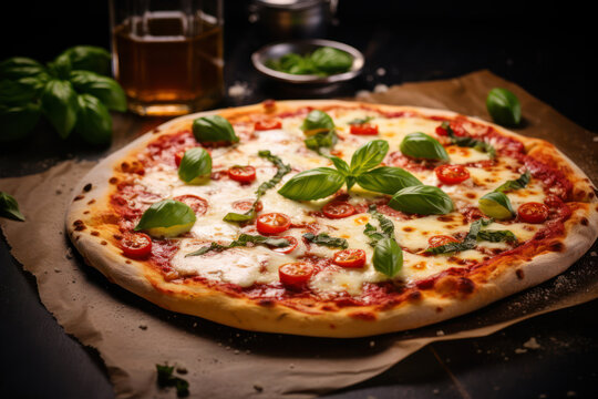 Pizza Margherita with mozzarella, tomatoes and basil