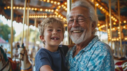 Healthy senior elderly pensioner male with kid enjoy laughing out loud playing together, bonding grandparent relationship with grandchild lifestyle free time play relish a carousel ride in zoo park - obrazy, fototapety, plakaty