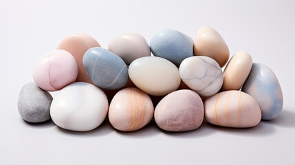 pastel-colored rocks on a white background, capturing the soft and muted tones that create a visually soothing arrangement.