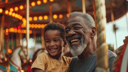 Fototapeta na wymiar Healthy living of senior elderly pensioner multiethnic male with kid enjoy laughing out loud playing together, bonding grandparent relationship with grandchild lifestyle play relish carousel ride park