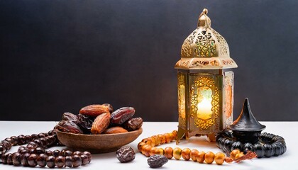 Divine Sustenance: Ramadan Lantern and Lamp with Dates and Rosary