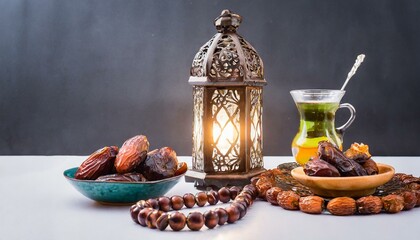 Fototapeta premium Iftar Illumination: Arabian Lamp, Rosary, Dates, and Lantern Glow
