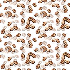 watercolor seamless pattern with coffee beans, pattern of coffee theme, hand drawn illustration of brown coffee seeds isolated on white background