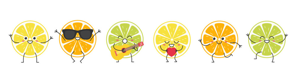 Set slice lemon orange lime cute character cartoon citrus fruit emotions joy happiness smiling face jumping running beautiful vector illustration. - obrazy, fototapety, plakaty