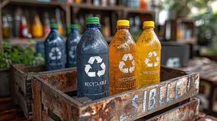 plastic bottles with drinks and labels and symbols about the possibility of recycling. Concept: environmental responsibility and recycling