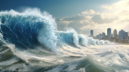 Big tsunami wave strike beach of city, bad disaster dangerous 