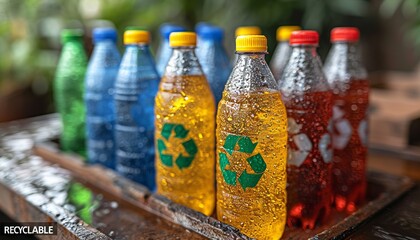 plastic bottles with drinks and labels and symbols about the possibility of recycling. Concept: environmental responsibility and recycling