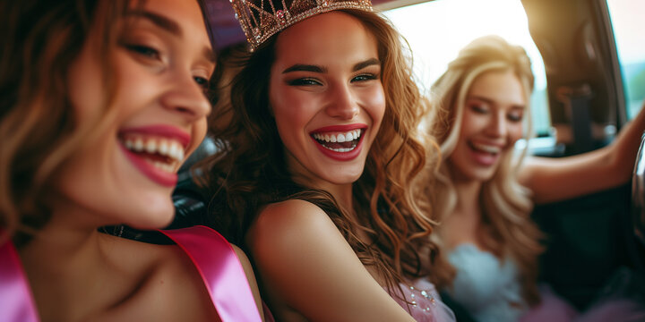 Braut und Gäste eines Junggesselinenabschieds sitzen in der Limousine