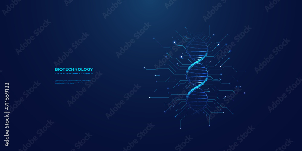 Poster DNA double helix in light blue futuristic style on technology background with circuit. Low poly wireframe vector illustration. Abstract biotechnology concept. Science and tech. Medical research.