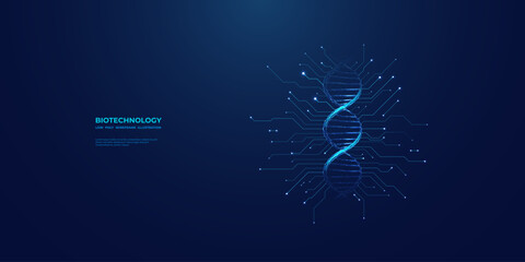 DNA double helix in light blue futuristic style on technology background with circuit. Low poly wireframe vector illustration. Abstract biotechnology concept. Science and tech. Medical research.