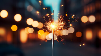 Happy New Year, burning fireworks with bokeh light background