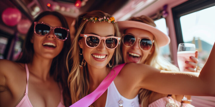 Junggessellinenabschiedsgäste sitzen mit der werdenden Braut im Partybus und feiern