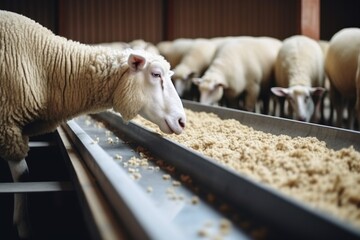 Photo of sheep animal eating food from automated conveyor belt feeder at cattle farm