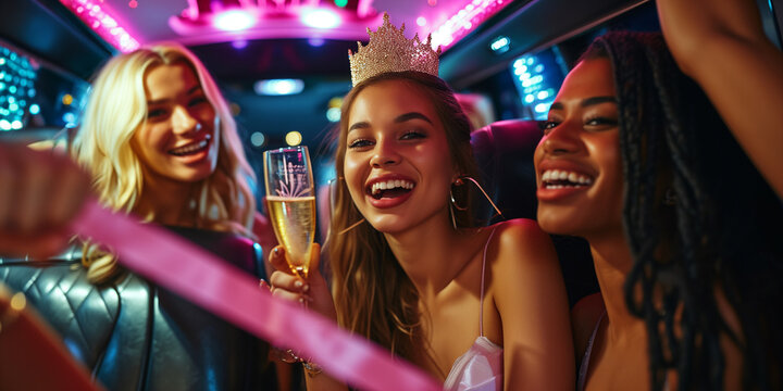 Braut und Gäste eines Junggesselinenabschieds sitzen in der Limousine