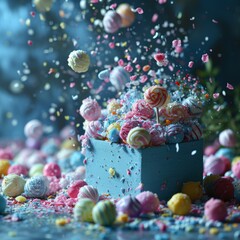 Multi-colored lollipops and caramel candies, strewn with confectionery sprinkles, against a background of magical colors and light.
