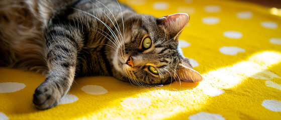Gato deitado em um tapete amarelo com bolinhas brancas - obrazy, fototapety, plakaty