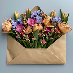 Composition with envelope and beautiful spring flowers