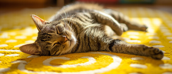 Gato deitado em um tapete amarelo com bolinhas brancas - obrazy, fototapety, plakaty