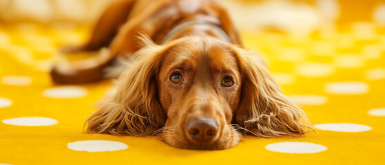 Cachorro golden  deitado em um tapete amarelo com bolinhas brancas - obrazy, fototapety, plakaty