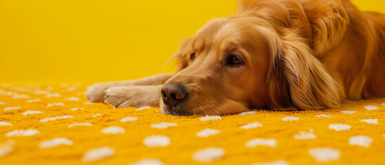 Cachorro golden  deitado em um tapete amarelo com bolinhas brancas - obrazy, fototapety, plakaty