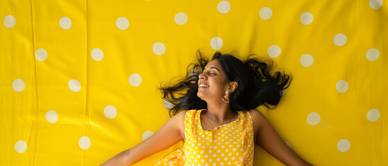 Mulher  indiana feliz deitada em um tapete amarelo com bolinhas brancas - obrazy, fototapety, plakaty