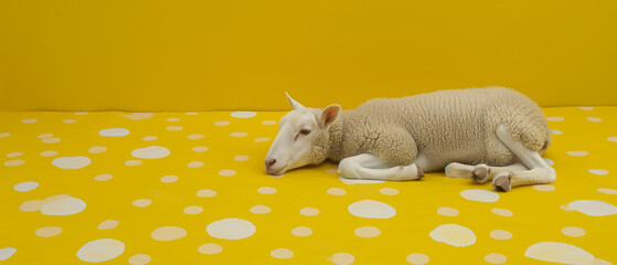 Ovelha branca deitada em um tapete amarelo com bolinhas brancas - obrazy, fototapety, plakaty