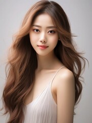 Naklejka premium Beautiful Asian Chinese Young Woman Portrait Studio Photo Photography Profile Picture Model with Long Hair for Fashion Beauty Skincare Haircare Products on White Light Background 3:4 