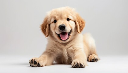 Golden Retriever puppy in a lively pose on a pristine white background, happy puppy sitting. Generative AI