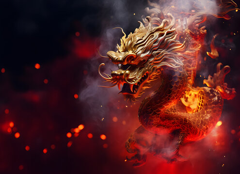 A majestic golden dragon emerges from red smoke and flames, creating a powerful image of myth and fantasy. Chinese New year concept Generative AI

