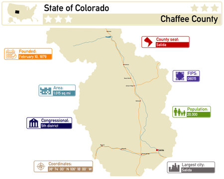 Detailed infographic and map of Chaffee County in Colorado USA.