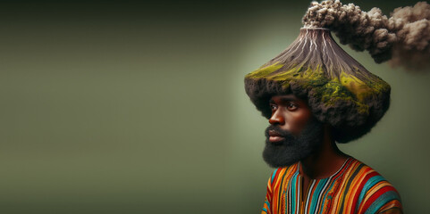 An African man with a hairstyle in the form of a volcano. - obrazy, fototapety, plakaty