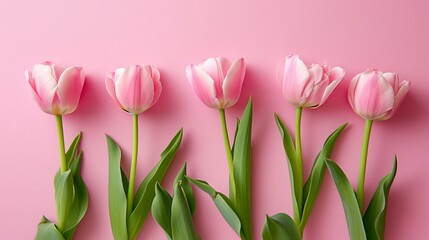 Fototapeta premium minimalist greeting with a row of pink tulips on a pastel pink background