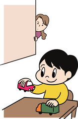 机で車遊びをする子供と見守る母