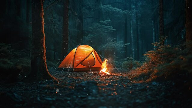 camping alone in the middle of the forest, warm campfire, pine forest and fireflies, looping video