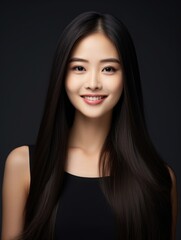 Naklejka premium Beautiful Asian Japanese Woman Portrait Studio Photo Photography Profile Picture Young Model with Long Hair for Fashion Beauty Skincare Haircare Products on Dark Background 3:4 