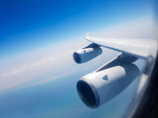 airbus a340 300 series in flight - view from airplane window during flight, plane model is airbus...