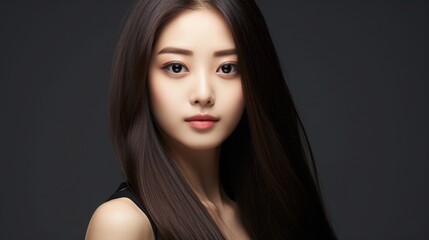 Beautiful Asian Woman Portrait Studio Photo Photography Profile Picture Young Model with Long Hair for Fashion Beauty Skincare Haircare Products on Dark Background 16:9 