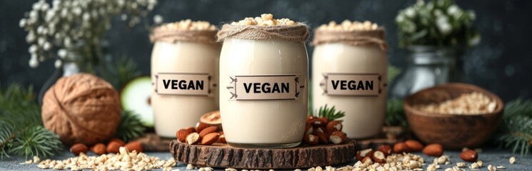 A bottle of almond milk surrounded by grains and nuts. With the inscription "vegan". Concept: lactose-free vegan dairy product. Plant based nutrition
