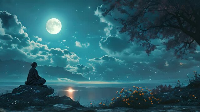 The meditator becomes one with the tranquil night, feeling in tune with the world around them.