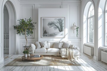 White living room with sofa and poster