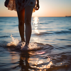 legs of a woman walking on water at sunset in summer