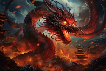 chinese dragon with fireworks in the background