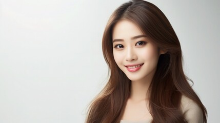 Fototapeta premium Beautiful Asian Woman Portrait Studio Photo Photography Profile Picture Young Model with Long Hair for Fashion Beauty Skincare Haircare Products on White Light Color Background 16:9 