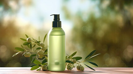 Revitalize with Olive Cosmetics: Green spray, moisturizing lotion in a jar, natural ingredients. Embrace radiance with olive leaf accents on a sunny bokeh backdrop