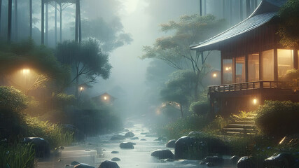 A japanese house in the forest at night